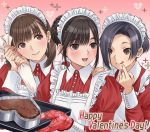 3girls :q alternate_hairstyle anegasaki_nene apron artist_request baking_sheet bangs black_hair braid brown_eyes brown_hair buttons cake_pan chocolate chocolate_heart english fingernails frilled_apron frills gradient gradient_background hair_over_one_eye hand_on_another&#039;s_shoulder hands_up happy_valentine headdress heart holding kobayakawa_rinko long_sleeves looking_to_the_side love_plus medium_hair mole mole_under_eye multiple_girls official_art open_mouth oven_mitts pastry_bag short_hair smile takane_manaka tongue tongue_out upper_body valentine watermark white_apron 