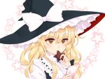  1girl blonde_hair blush braid card chocolate cleavage_cutout collar commentary detached_collar dress eating fingernails frilled_collar frills hat kirisame_marisa side_braid single_braid smile solo star touhou valentine witch_hat wrist_cuffs yellow_eyes yururi_nano 