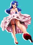  1girl :d artist_name blue_background blue_eyes blue_hair blush breasts cleavage dress dress_lift earrings elbow_gloves fang gloves heart heart_earrings high_heels highres jewelry kirakira_precure_a_la_mode lips long_hair looking_at_viewer necklace open_mouth panties pink_dress pink_gloves pink_panties precure red_footwear satou_shouji simple_background small_breasts smile solo sparkle tategami_aoi underwear 