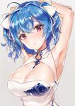  1girl absurdres armpits arms_up azur_lane bangs bare_arms bare_shoulders blue_hair blush bow braid breasts china_dress chinese_clothes cleavage cleavage_cutout closed_mouth commentary_request dress eyebrows_visible_through_hair floral_print grey_background hair_between_eyes hair_bow hair_ribbon head_tilt highres large_breasts print_dress ribbon rose_print simple_background sleeveless sleeveless_dress solo st._louis_(azur_lane) violet_eyes white_bow white_dress white_ribbon yayoichi_(yoruyoru108) 