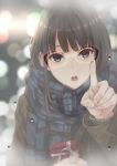  1girl :o bangs blue_scarf blunt_bangs blurry blurry_background bokeh box brown_coat brown_eyes brown_hair coat depth_of_field gift gift_box highres holding holding_box holding_gift long_hair long_sleeves looking_at_viewer nabeshima_tetsuhiro open_mouth original plaid plaid_scarf scarf shiny shiny_hair solo upper_body water_drop window window_writing 