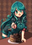  1girl :d absurdres apron aqua_hair borokuro cake chocolate chocolate_cake food fork green_eyes green_legwear highres leaning_forward long_hair looking_at_viewer open_mouth personification plate pokemon ribbed_sweater slice_of_cake smile solo sweater table tangrowth thigh-highs very_long_hair wavy_hair 