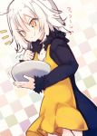  &gt;:) 1girl apron bangs beni_shake black_jacket blush bowl checkered checkered_background closed_mouth eyebrows_visible_through_hair fate/grand_order fate_(series) fur-trimmed_jacket fur-trimmed_sleeves fur_trim hair_between_eyes holding holding_bowl jacket jeanne_d&#039;arc_(alter)_(fate) jeanne_d&#039;arc_(fate)_(all) long_sleeves looking_away mixing_bowl smile solo translation_request v-shaped_eyebrows valentine white_hair wicked_dragon_witch_ver._shinjuku_1999 yellow_apron yellow_eyes 
