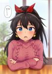  1girl :o bangs black_hair blue_eyes blurry blurry_background blush breasts depth_of_field earrings eyebrows_visible_through_hair fang ganaha_hibiki hair_ribbon heart heart_earrings hiiringu idolmaster idolmaster_(classic) indoors jewelry long_hair long_sleeves looking_at_viewer medium_breasts open_mouth ponytail red_ribbon red_sweater ribbed_sweater ribbon sliding_doors solo speech_bubble sweater table translation_request tree upper_body 