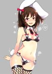  1girl :d animal_ears arms_behind_back bangs bare_shoulders bikini black_bikini black_legwear black_neckwear blush bow breasts breasts_apart brown_hair bunny_tail cowboy_shot detached_collar ear_ribbon fang fishnet_legwear fishnets grey_background groin heart inaba_tewi ippongui looking_at_viewer medium_breasts motion_lines navel necktie nose_blush open_mouth pink_eyes rabbit_ears red_ribbon ribbon shiny shiny_skin short_hair simple_background small_breasts smile solo speech_bubble spoken_heart standing steaming_body stomach sweat swimsuit tail touhou 