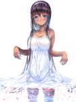  1girl bangs black_hair blue_eyes blush breasts cleavage commentary_request dark_skin dress eyebrows_visible_through_hair gorua_(youce01) hairband large_breasts long_hair looking_at_viewer original partially_submerged petals revision simple_background solo wading water wet wet_clothes wet_dress white_background white_dress wrists_flexed 