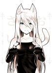  1girl animal_ears black_dress black_gloves blue_eyes cat_ears cat_tail commentary dress elbow_gloves gloves hair_between_eyes highres kaafi kemonomimi_mode long_hair looking_at_viewer mole mole_under_mouth nier_(series) nier_automata paw_pose simple_background solo tail upper_body very_long_hair watermark white_background white_hair yorha_type_a_no._2 