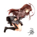  1girl ahoge alternate_costume black_footwear black_skirt boots brown_eyes brown_hair huge_ahoge kantai_collection kuma_(kantai_collection) long_hair long_sleeves polka_dot revision signature simple_background skirt solo white_background yua_(checkmate) 