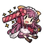  1girl apron bamomon bow chibi fairy_(kantai_collection) frilled_apron frills full_body gift hair_bow hakama japanese_clothes kamikaze_(kantai_collection) kantai_collection kimono long_hair looking_at_viewer lowres maid_headdress meiji_schoolgirl_uniform open_mouth pink_hakama purple_hair red_kimono simple_background smile solid_oval_eyes solo sparkle tube upper_body white_apron white_background yellow_bow 