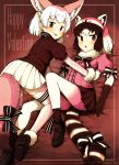  2girls absurdres all_fours animal_ears bow bowtie brown_legwear brown_sweater common_raccoon_(kemono_friends) enk_0822 extra_ears fang fennec_(kemono_friends) fox_ears fox_tail fur_collar fur_trim gloves highres kemono_friends looking_at_viewer multicolored_hair multiple_girls open_mouth pink_sweater raccoon_ears raccoon_tail ribbon short_hair smile striped_tail sweater tail tail_ribbon tongue tongue_out valentine yuri 