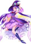  absurdres blush boots cape cure_magical detached_sleeves harigane_shinshi hat highres izayoi_liko long_hair looking_at_viewer magical_girl mahou_girls_precure! precure purple_hair see-through simple_background smile violet_eyes witch_hat 