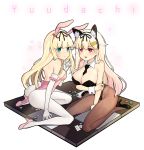  2girls :d absurdres and-j_(dlwjdqja1212) animal_ears ass backless_outfit between_breasts black_footwear blonde_hair blush breasts brown_legwear bunny_tail bunnysuit card cat_ears character_name cleavage commentary detached_collar dice elbow_gloves fake_animal_ears fake_tail fang from_behind gloves green_eyes hair_flaps hair_ornament hair_ribbon hairclip high_heels highres kantai_collection large_breasts looking_at_viewer looking_back medium_breasts multiple_girls necktie necktie_between_breasts open_mouth pink_footwear playing_card rabbit_ears red_eyes remodel_(kantai_collection) ribbon sitting smile tail white_background white_legwear wrist_cuffs yuudachi_(kantai_collection) 