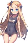  1girl :o abigail_williams_(fate/grand_order) bangs bare_arms bare_shoulders black_bow blonde_hair blue_eyes blush bow breasts collarbone commentary_request covered_navel dutch_angle fate/grand_order fate_(series) forehead gluteal_fold hair_bow long_hair looking_at_viewer name_tag old_school_swimsuit orange_bow parted_bangs parted_lips polka_dot polka_dot_bow school_swimsuit simple_background small_breasts solo swimsuit very_long_hair wagashi928 white_background 