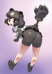  1girl animal_ears bear_ears bear_paw_hammer bear_tail bike_shorts black_eyes black_hair breasts brown_bear_(kemono_friends) elbow_gloves fingerless_gloves gloves highres kemono_friends matagitii nib_pen_(medium) simple_background solo tail traditional_media 