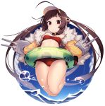  1girl :/ ahoge animal_print azur_lane bare_shoulders bikini black_choker blue_sky blush brown_hair choker closed_mouth clouds coat condensation_trail day dev flower frog_print from_below full_body fur-trimmed_coat fur_trim gloves highres innertube jumping long_hair long_sleeves looking_at_viewer looking_down off_shoulder open_clothes open_coat outdoors ping_hai_(azur_lane) puffy_long_sleeves puffy_sleeves red_bikini red_eyes red_gloves shiny shiny_skin side-tie_bikini sky sleeves_past_wrists solo swimsuit thighs turret twintails very_long_hair visor_cap water water_drop wet yellow_coat 