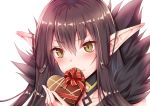  &gt;:( 1girl bangs black_choker blonde_hair blush brown_hair chocolate chocolate_heart choker closed_mouth collarbone ear_blush eyebrows_visible_through_hair eyelashes face fate/grand_order fate_(series) food fur_trim geko heart holding holding_food long_hair looking_at_viewer pointy_ears red_ribbon ribbon semiramis_(fate) shiny shiny_hair simple_background solo straight_hair upper_body white_background 