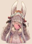  1girl animal_ears bangs blunt_bangs blush blush_stickers cropped_legs eyebrows_visible_through_hair grey_hair highres made_in_abyss mochi_(mochi444420) nanachi_(made_in_abyss) rabbit_ears solo tan_background valentine whiskers yellow_eyes 
