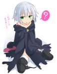  1girl ? bangs bare_shoulders black_legwear black_panties blush eyebrows_visible_through_hair fate/grand_order fate_(series) green_eyes jack_the_ripper_(fate/apocrypha) kazawa_(tonzura-d) looking_at_viewer off_shoulder panties panties_around_leg short_hair silver_hair simple_background sitting sleeves_past_wrists solo spoken_question_mark thigh-highs translated underwear white_background 