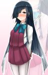  1girl arms_behind_back black_hair blue_bow blue_neckwear blush bow bowtie closed_mouth cowboy_shot dial16yoi flying_sweatdrops full-face_blush gradient gradient_background grey_legwear hair_over_one_eye hayashimo_(kantai_collection) highres kantai_collection light_frown long_hair long_sleeves looking_at_viewer pantyhose pink_background pleated_skirt purple_skirt seamed_legwear shiny shiny_hair shirt side-seamed_legwear skirt solo standing straight_hair sweatdrop valentine very_long_hair violet_eyes white_shirt zoom_layer 