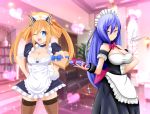  2girls ;d alternate_costume apron arm_behind_back blue_eyes blue_hair breasts cleavage cleavage_cutout collaboration cowboy_shot cundodeviant detached_collar enmaided gift hair_between_eyes hat heart highres holding holding_gift indoors iris_heart kami_jigen_game_neptune_v large_breasts long_hair looking_at_viewer maid maid_apron maid_headdress medium_breasts multiple_girls neppedwaifu neptune_(series) one_eye_closed open_mouth orange_hair orange_heart pink_eyes power_symbol puffy_short_sleeves puffy_sleeves shin_jigen_game_neptune_vii short_sleeves smile smug symbol-shaped_pupils thigh-highs twintails valentine very_long_hair white_apron 