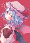  1girl :o absurdres ascot bangs bat_wings black_wings blue_hair blurry blush brooch chocolate chocolate_heart depth_of_field dress fingernails food frilled_shirt_collar frills from_side gem hat hat_ribbon head_tilt heart highres holding holding_food jewelry long_fingernails looking_at_viewer looking_to_the_side mob_cap nail_polish open_mouth pink_dress pink_hat puffy_short_sleeves puffy_sleeves red_eyes red_nails red_neckwear red_ribbon remilia_scarlet ribbon rnkgmn short_hair short_sleeves solo touhou upper_body valentine wings 