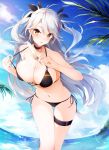  1girl anchor azur_lane bangs bikini bikini_pull black_bikini black_bow bow breasts brown_eyes cleavage day food hair_bow hands_up highlights highres holding holding_food kisaragi_kiriha large_breasts leaning_forward long_hair looking_at_viewer multicolored_hair navel outdoors palm_tree popsicle prinz_eugen_(azur_lane) side-tie_bikini silver_hair solo swimsuit thigh_strap thighs tree two_side_up 