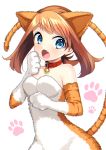  1girl animal_costume animal_ears bell blue_eyes breasts brown_hair cat_costume cat_ears cat_tail cleavage collar collarbone dress elbow_gloves eyebrows_visible_through_hair fang gloves haruka_(pokemon) haruka_(pokemon)_(remake) highres long_hair medium_breasts open_mouth paw_gloves paws pokemon simple_background sleeveless sleeveless_dress solo standing strapless strapless_dress tail twintails white_background yuihiko 
