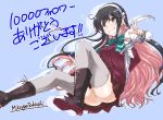  1girl announcement artist_name ass black_hair blazer blue_background boots cross-laced_footwear full_body grey_legwear grin hairband halterneck jacket kantai_collection lace-up_boots long_hair looking_at_viewer mikage_takashi multicolored_hair naganami_(kantai_collection) pink_hair shirt simple_background smile solo thigh-highs two-tone_hair v wavy_hair white_hairband white_shirt 