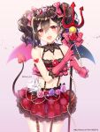  1girl :d arm_tattoo asymmetrical_wings bangs bare_shoulders black_hair blush bow breasts cleavage cowboy_shot demon_girl demon_horns demon_tail demon_wings earrings elbow_gloves eyebrows_visible_through_hair floral_print flower garter_straps glint gloves hair_bow hair_ornament hairclip heart holding horns jewelry layered_clothing layered_skirt looking_at_viewer love_live! love_live!_school_idol_project navel open_mouth pink_background pink_bow pink_gloves pixiv_id polearm polka_dot polka_dot_bow print_skirt purple_flower purple_rose red_eyes red_skirt rose rose_print shiny shiny_hair shiny_skin short_hair short_twintails simple_background skirt small_breasts smile solo sparkle standing stomach suspender_skirt suspenders tail tareme tattoo trianon trident twintails twitter_username vertical-striped_gloves watermark wavy_mouth weapon web_address wings yazawa_nico 