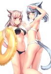  2girls :o animal_ears arm_up aruma_jiki ass bangs bare_shoulders bikini black_bikini blue_eyes blunt_bangs blush breasts cat_ears cat_tail cleavage closed_mouth commentary_request eyebrows_visible_through_hair facial_mark final_fantasy final_fantasy_xiv hair_bun holding innertube light_brown_hair long_hair looking_at_viewer looking_back medium_breasts miqo&#039;te multiple_girls navel open_mouth ponytail red_eyes short_hair sideboob sidelocks silver_hair simple_background slit_pupils smile standing swimsuit tail white_background white_bikini 