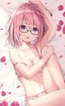  1girl :d arm_up bed_sheet black-framed_eyewear bow bra breasts cleavage eyebrows_visible_through_hair fate/grand_order fate_(series) feet_out_of_frame flower from_above glasses highres knee_up looking_at_viewer lying mash_kyrielight medium_breasts navel on_back open_mouth petals pink_bow pink_bra pink_flower pink_hair pink_rose rin_yuu rose rose_petals shielder_(fate/grand_order) shiny shiny_hair short_hair smile solo stomach strap_slip thighs underwear underwear_only violet_eyes younger 
