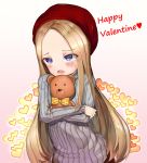  1girl abigail_williams_(fate/grand_order) alternate_costume bangs beret blonde_hair blue_eyes blush eyebrows_visible_through_hair fate/grand_order fate_(series) forehead gradient gradient_background grey_sweater happy_valentine hat heart highres long_hair long_sleeves object_hug open_mouth parted_bangs pink_background red_hat ribbed_sweater solaris_(sinhyg) solo stuffed_animal stuffed_toy sweater teddy_bear very_long_hair white_background 