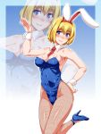  1girl :d alice_margatroid alternate_costume animal_ears arm_up armpits bangs bare_arms bare_shoulders between_breasts blonde_hair blue_background blue_eyes blue_footwear blue_leotard breasts bunny_tail bunnysuit cleavage closed_mouth collarbone covered_navel detached_collar eyebrows_visible_through_hair fake_animal_ears fishnet_pantyhose fishnets gradient gradient_background hand_on_hip head_tilt heart heart-shaped_pupils high_heels highres large_breasts leg_up leotard looking_at_viewer looking_away looking_up necktie necktie_between_breasts ootsuki_wataru open_mouth outline pantyhose rabbit_ears red_neckwear shiny shiny_skin short_hair smile solo standing standing_on_one_leg strapless strapless_leotard symbol-shaped_pupils tail touhou wrist_cuffs zoom_layer 