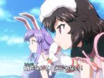  2girls alternate_costume animal_ears black_hair blue_sky bow carrot_necklace collarbone commentary_request day dress from_side futari_wa_precure inaba_tewi long_hair multiple_girls outdoors parody precure profile purple_hair rabbit_ears red_eyes reisen_udongein_inaba shirosato short_hair sidelocks sky smile touhou translation_request very_long_hair white_bow white_dress 
