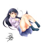  1girl alternate_costume black_hair blue_skirt blush feet kantai_collection long_hair long_sleeves no_shoes open_mouth pink_shirt revision shirt signature simple_background skirt socks solo ushio_(kantai_collection) white_background yellow_eyes yua_(checkmate) 