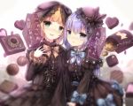  2girls :d :o bangs black_bow black_dress black_hat blonde_hair blue_bow blue_eyes blue_ribbon blush bow brown_ribbon dress eyebrows_visible_through_hair gochuumon_wa_usagi_desu_ka? gothic_lolita green_eyes grey_background hair_between_eyes hair_bow hat kafuu_chino kirima_sharo lolita_fashion long_hair long_sleeves looking_at_viewer mini_hat missile228 multiple_girls nose_blush open_mouth parted_lips purple_hair ribbon sitting smile striped striped_bow striped_ribbon translation_request very_long_hair wide_sleeves 