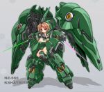  1girl armor beam_saber brown_hair character_name commentary_request dual_wielding gundam gundam_unicorn highres karukan_(monjya) kshatriya mecha_musume navel red_eyes serious shadow simple_background 