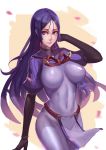  1girl absurdres bangs black_gloves bodysuit breasts covered_navel d.sum fate/grand_order fate_(series) gloves highres large_breasts loincloth long_hair looking_at_viewer low-tied_long_hair minamoto_no_raikou_(fate/grand_order) parted_bangs purple_bodysuit purple_hair ribbed_sleeves rope skin_tight solo very_long_hair violet_eyes 