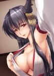  1girl akatsuki_(ownpace) armpits black_hair blush breasts cleavage collarbone commentary_request detached_sleeves eyebrows_visible_through_hair fusou_(kantai_collection) hair_ornament headgear highres japanese_clothes kantai_collection large_breasts long_hair looking_at_viewer nontraditional_miko reaching_out red_eyes self_shot smile solo taking_picture 