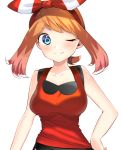  1girl ;) absurdres blue_eyes breasts collarbone eyebrows_visible_through_hair hair_ribbon hairband hand_on_hip haruka_(pokemon) haruka_(pokemon)_(remake) highres long_hair medium_breasts one_eye_closed orange_hair pokemon pokemon_(game) pokemon_oras red_hairband red_shirt ribbon shirt simple_background smile solo standing striped striped_ribbon twintails upper_body white_background yuihiko 