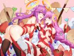  2girls :d ass back bare_shoulders blush breasts brown_legwear chocolate cracker fang food headphones highres long_hair looking_at_viewer maomaozi multiple_girls naked_ribbon navel open_mouth pocky purple_hair ribbon smile thigh-highs twintails valentine very_long_hair violet_eyes 