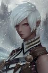  1girl artist_name chuby_mi close-up closed_mouth earrings elezen elf face final_fantasy final_fantasy_xiv highres jewelry lips looking_at_viewer md5_mismatch pointy_ears portrait red_eyes short_hair snowing solo white_hair wind 
