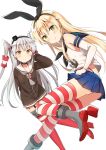  2girls amatsukaze_(kantai_collection) arm_behind_back ass black_hairband black_panties black_shirt blonde_hair blue_skirt elbow_gloves floating_hair garter_straps gloves green_eyes hair_between_eyes hair_tubes hairband hand_in_hair highleg highleg_panties highres kantai_collection long_hair looking_at_viewer miniskirt multiple_girls one_leg_raised panties pleated_skirt shimakaze_(kantai_collection) shirt silver_hair simple_background skirt sleeveless sleeveless_shirt smile striped striped_legwear thigh-highs twintails underwear very_long_hair white_background white_gloves white_shirt yellow_eyes yoshikita_popuri 