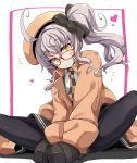  1girl belt_boots bespectacled boots butterfly_sitting checkered_neckwear full_body glasses grin hat highres jacket lavender_hair looking_at_viewer navy_blue_legwear necktie ogami_kazuki orange-framed_eyewear pantyhose rino_(sennen_sensou_aigis) sennen_sensou_aigis shoes side_ponytail sitting smile solo white_background yellow_eyes 