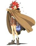  1girl 90s cloak earrings full_body gloves hand_on_head highres holding_sack jewelry official_art parfait_(lamune) red_eyes redhead short_hair simple_background solo vs_knight_lamune_&amp;_40_fresh white_background 