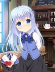  &gt;_&lt; 1girl arms_behind_back blue_eyes blue_hair blush bottle commentary cut-in day gaou gochuumon_wa_usagi_desu_ka? hair_ornament head_tilt heart heart-shaped_box indoors kafuu_chino long_hair looking_at_viewer rabbit_house_uniform skirt solo table tippy_(gochiusa) window x_hair_ornament 