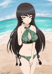  1girl alternate_hairstyle artist_name bangs beach bikini breasts brown_hair bukkuri character_name cleavage clouds cloudy_sky cowboy_shot criss-cross_halter dated day girls_und_panzer green_bikini green_eyes hair_down halterneck hosomi_(girls_und_panzer) long_hair looking_at_viewer medium_breasts navel outdoors parted_lips side-tie_bikini signature sky smile solo standing swimsuit 
