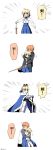  1boy 1girl ahoge armor armored_dress artoria_pendragon_(all) bangs black_jacket black_pants blonde_hair blue_cloak blue_dress blue_pants blue_ribbon blue_skirt blush braid brown_eyes closed_eyes closed_mouth crown dress emiya_shirou emphasis_lines excalibur eyebrows_visible_through_hair fate/stay_night fate_(series) faulds french_braid fur-trimmed_cloak fur_trim gauntlets green_eyes hair_between_eyes hair_ribbon half-closed_eyes high-waist_skirt highres holding holding_sword holding_weapon hug hug_from_behind jacket looking_away motion_lines nabenko neck_ribbon open_clothes open_jacket orange_hair pants raglan_sleeves ribbon saber serious shinai shiny shiny_hair shirt short_hair sidelocks simple_background skirt snot standing sword translation_request trembling twitter_username unbuttoned v-shaped_eyebrows weapon white_background white_shirt 