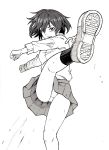  1girl high_kick highres kicking looking_at_viewer monochrome open_mouth original panties pantyshot school_uniform shoes short_hair sneakers solo thighs traditional_media tuskryo underwear 