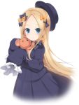  1girl :o abigail_williams_(fate/grand_order) bangs black_bow black_dress black_hat blonde_hair blue_eyes blush bow commentary_request dress eyebrows_visible_through_hair fate/grand_order fate_(series) forehead hair_bow hat highres long_sleeves looking_at_viewer object_hug orange_bow parted_bangs parted_lips polka_dot polka_dot_bow shirasu_youichi simple_background sleeves_past_fingers sleeves_past_wrists solo stuffed_animal stuffed_toy teddy_bear white_background 